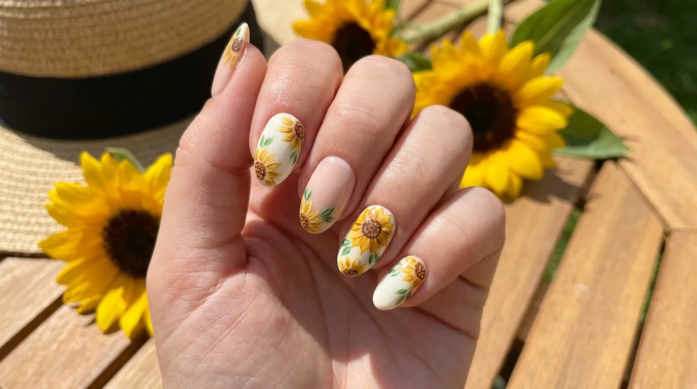 Soft pink rose nail art with delicate green leaves
