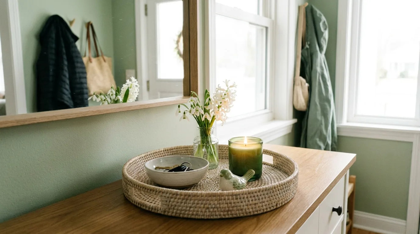 Farmhouse spring tray with ceramic bunny, flowers, greenery, and rustic accents