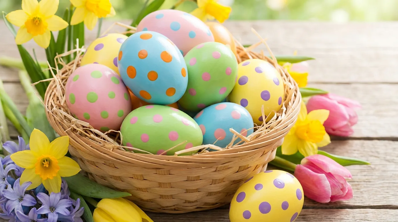 Cute bunny-face Easter eggs arranged in a festive basket