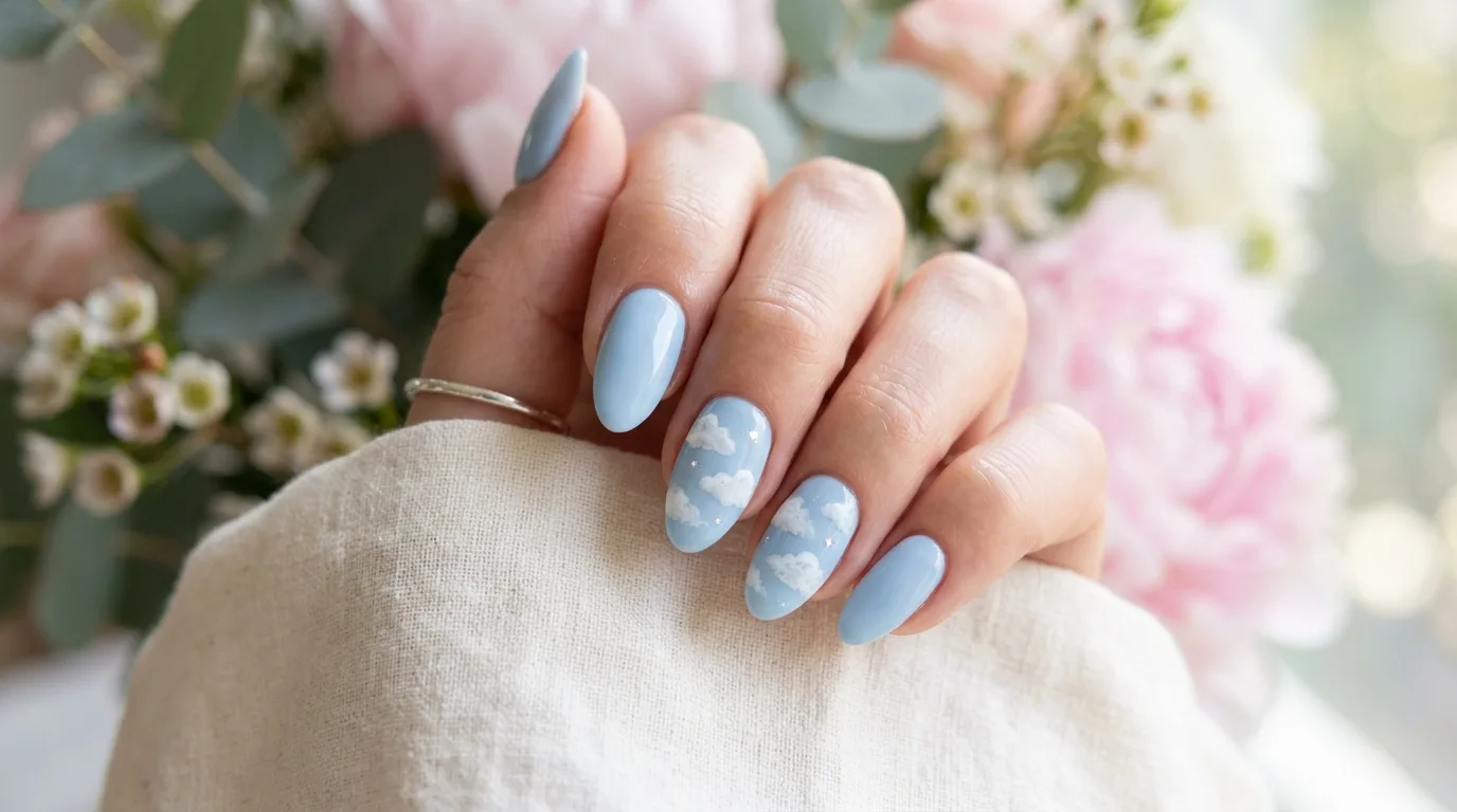 April showers nail design with clouds and raindrops