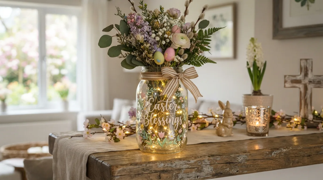 Carrot-shaped Mason jar planter with a small spring plant