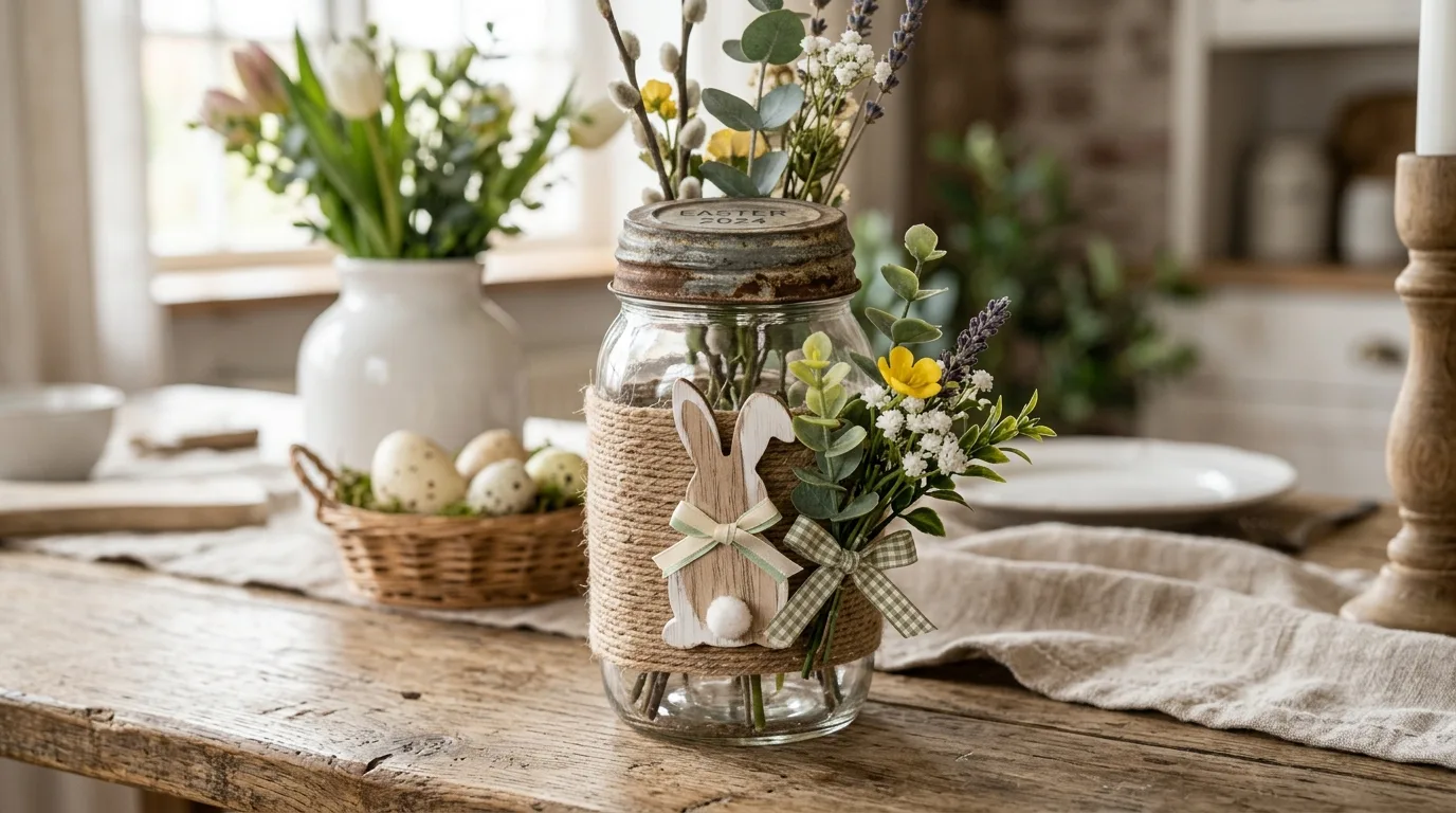 Spring flower mason jar vase with tulips, daisies, baby's breath, and rustic twine.
