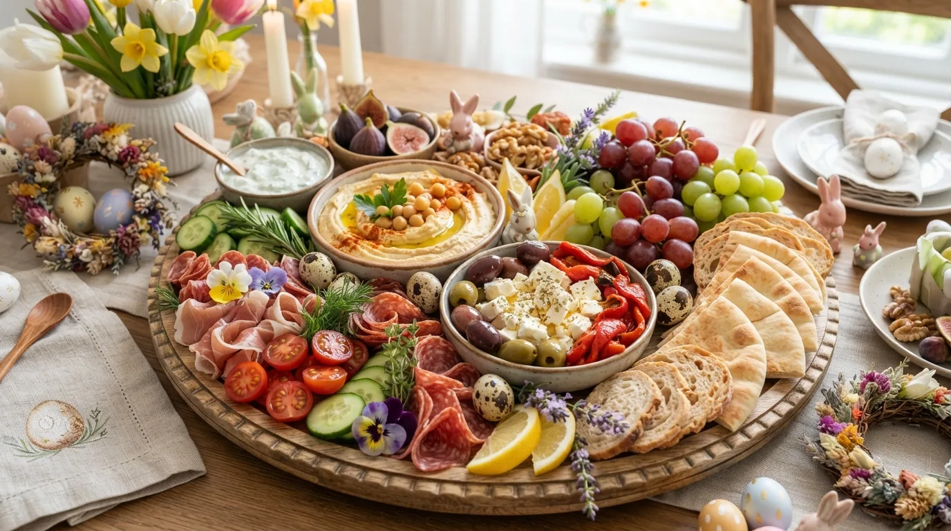 Easter brunch charcuterie board with salmon, eggs, cheese and fruit