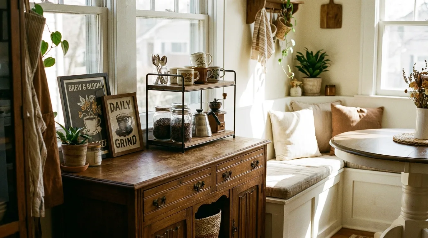 Tiered coffee tray used as a compact display for coordinated mugs and coffee accessories