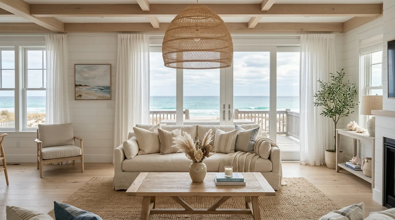 Coastal living room with soft ocean-blue accents and neutral furnishings