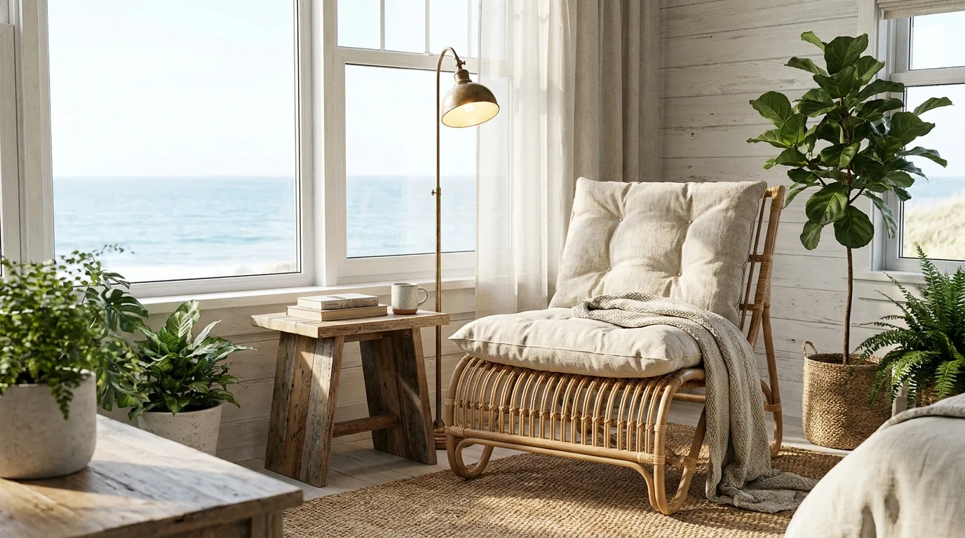 Lush coastal bedroom decorated with tropical plants in woven baskets