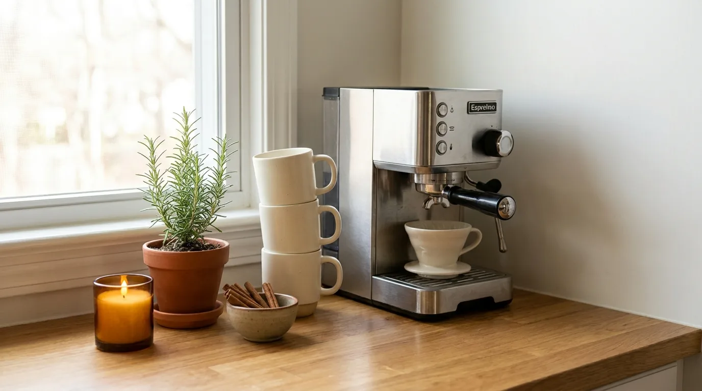 Warm wood coffee bar with a wooden tray, mugs, glass jars, and coffee machine