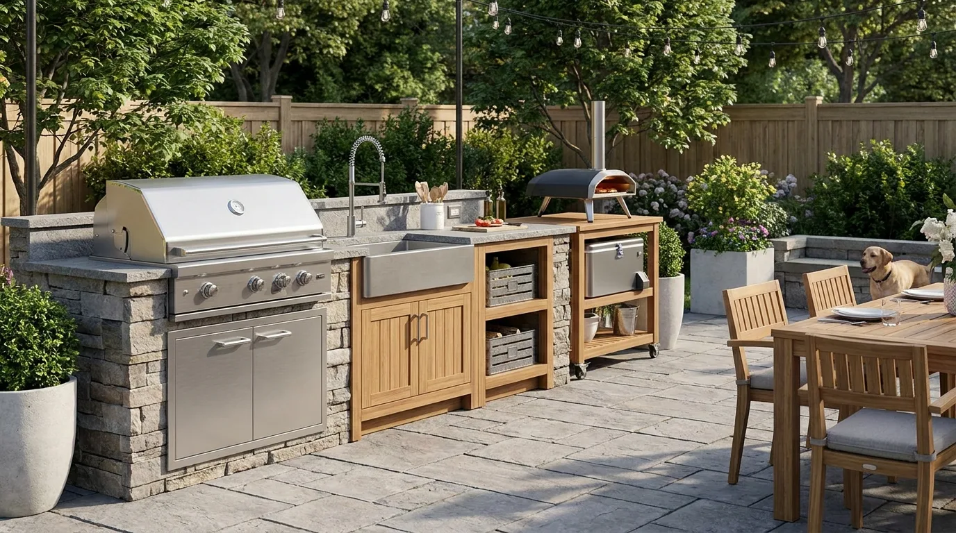 Compact outdoor kitchen designed efficiently for a small backyard patio