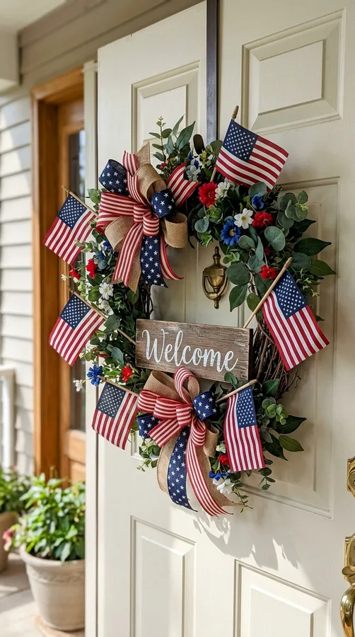 Rustic burlap patriotic wreath with stars and greenery