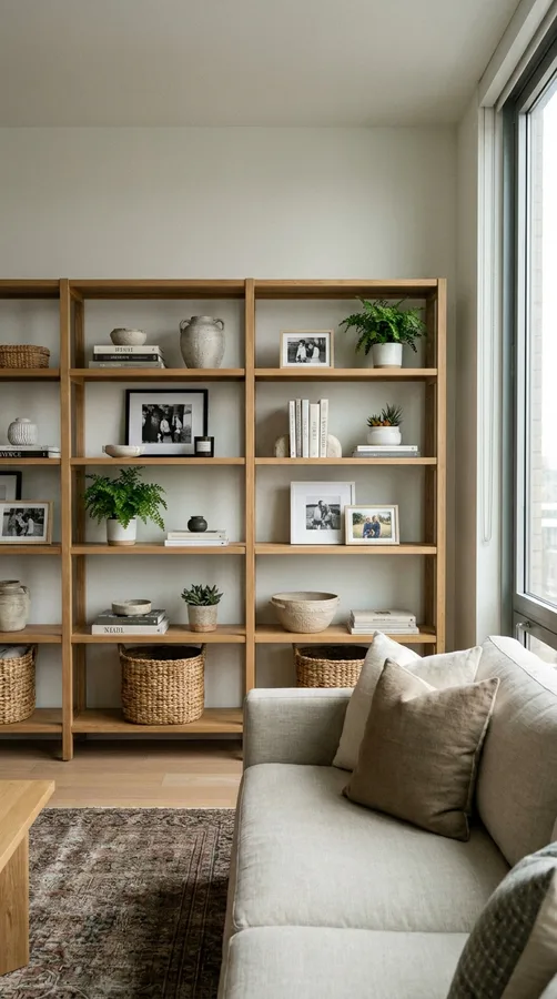 Layered warm lighting in a cozy apartment living room