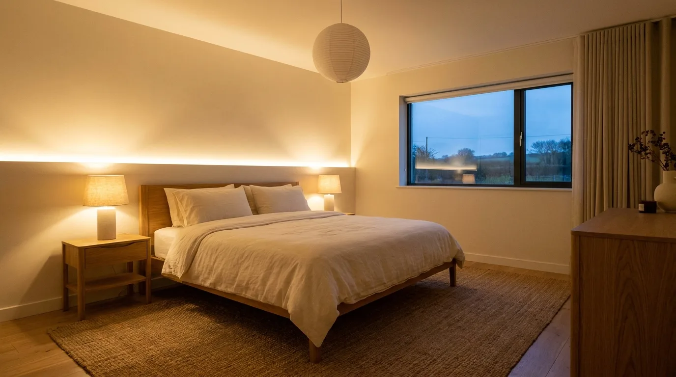 Small minimalist bedroom with floating wooden nightstands and open floor space