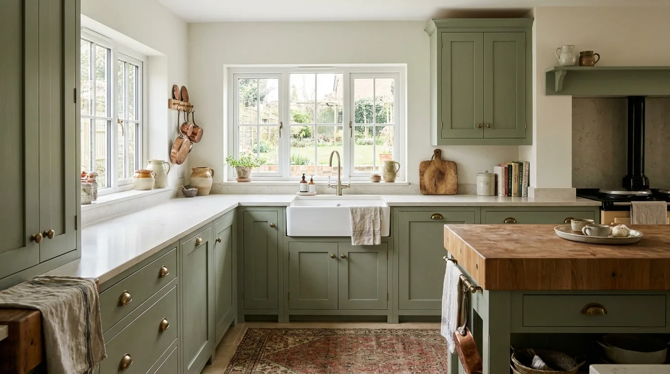 Sage green kitchen cabinets with elegant brass hardware and warm stone surfaces