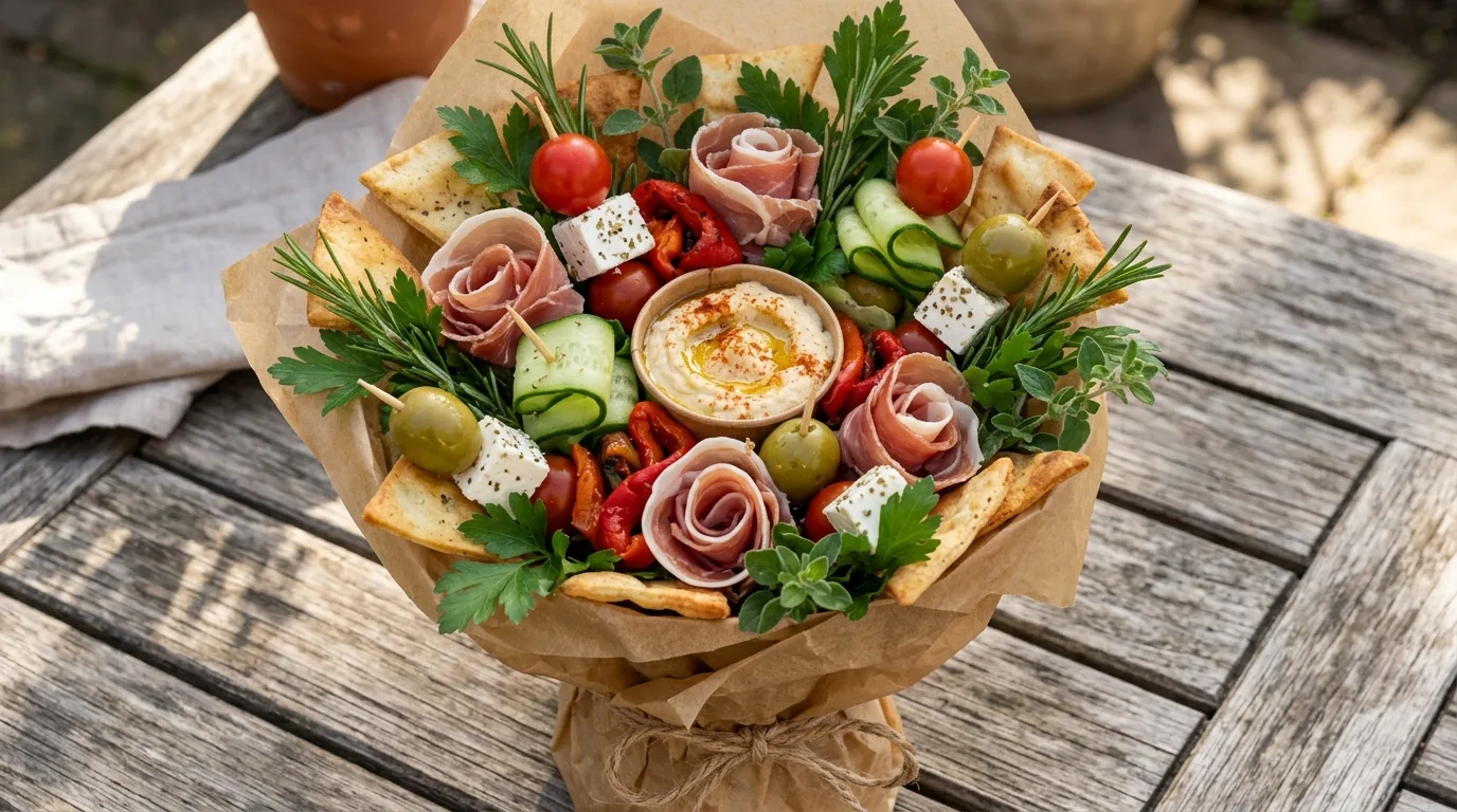Cheese lover's charcuterie bouquet with assorted cheeses and fruit