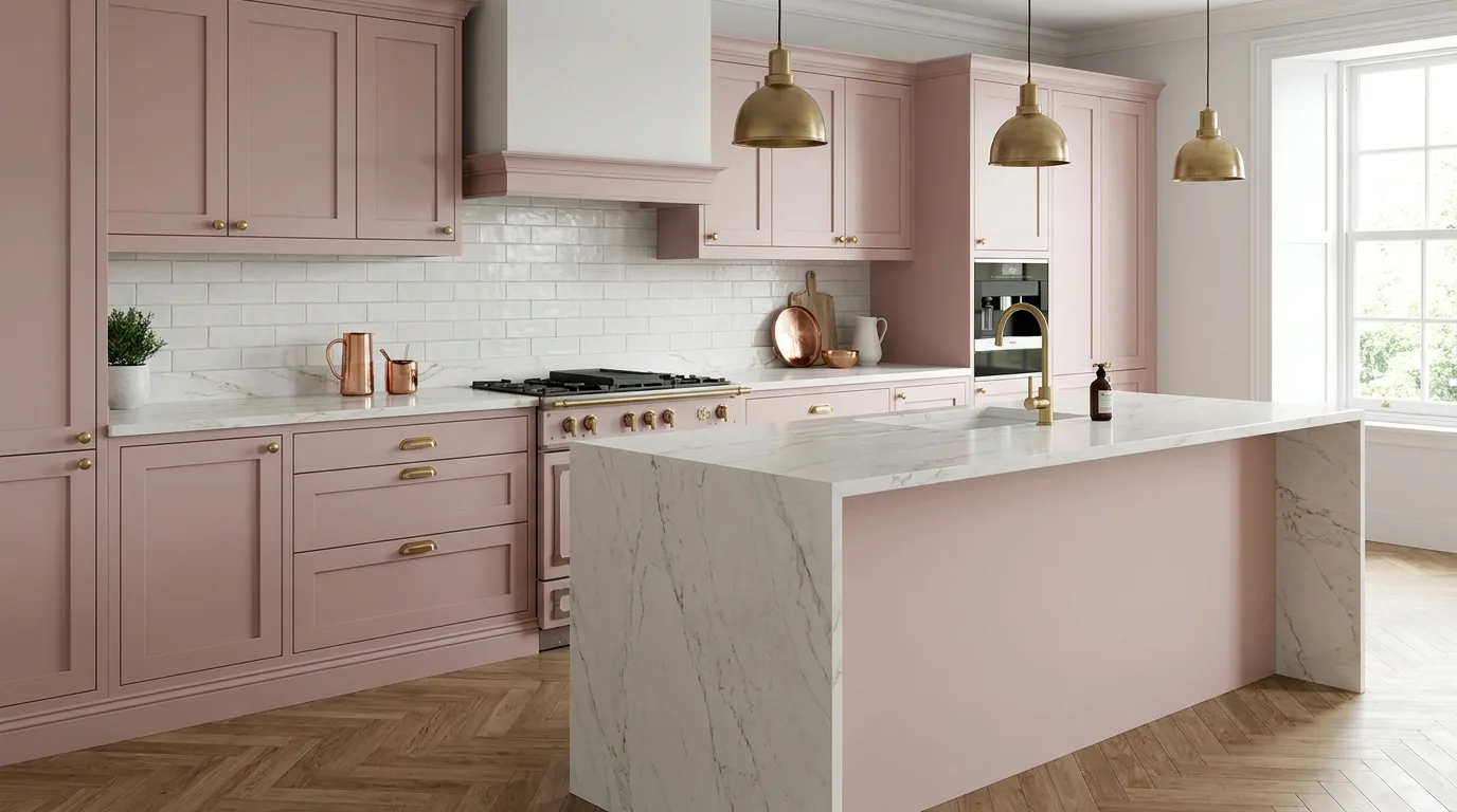Pink lower cabinets with white upper cabinets in a bright kitchen