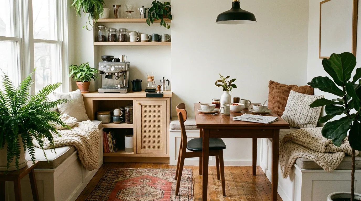 Cozy farmhouse coffee nook with rustic wood, ceramic mugs, and vintage-inspired accents
