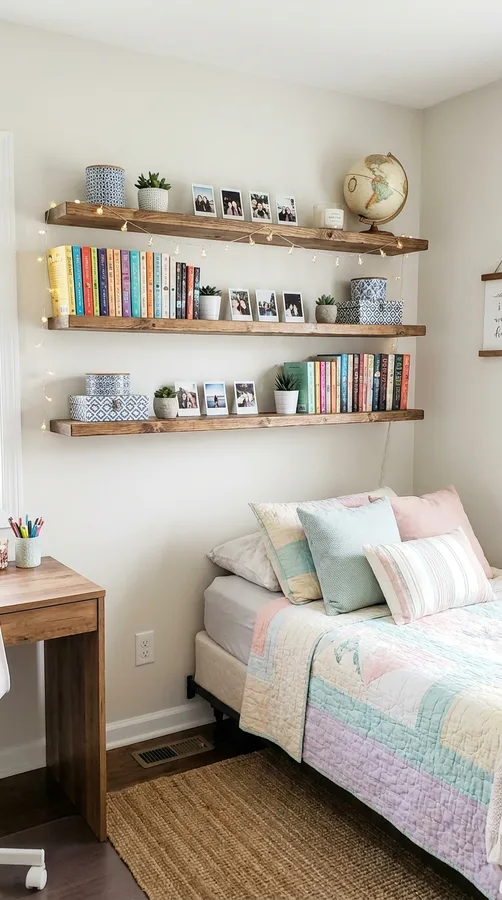 Cozy teen bedroom with layered bedding, textured pillows, and a soft throw blanket