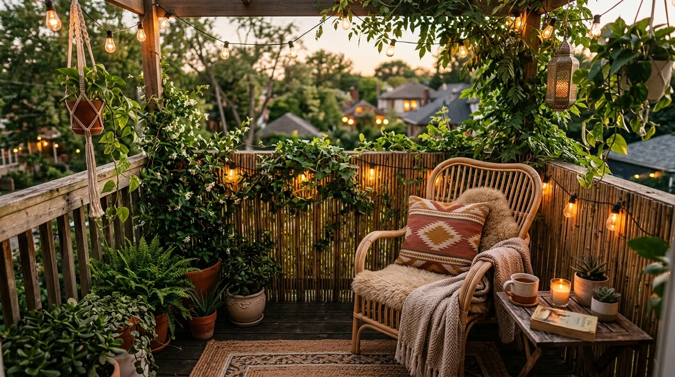 Balcony railing decorated with lush plants and earthy planters