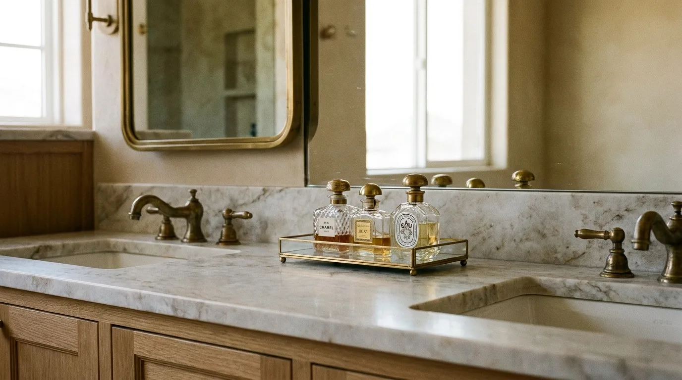 Spa-inspired bathroom counter with natural textures and neutral accents