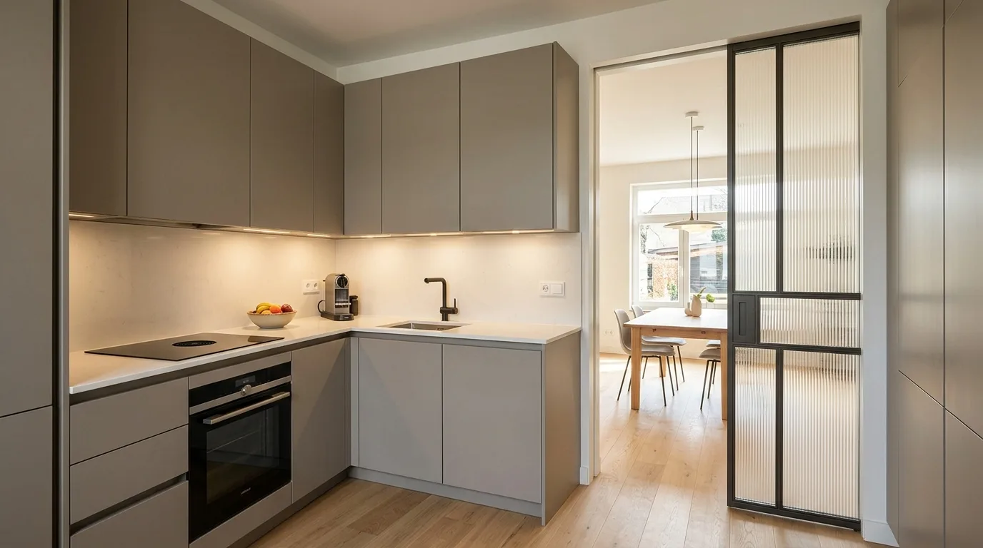 Elegant kitchen with a fluted glass partition