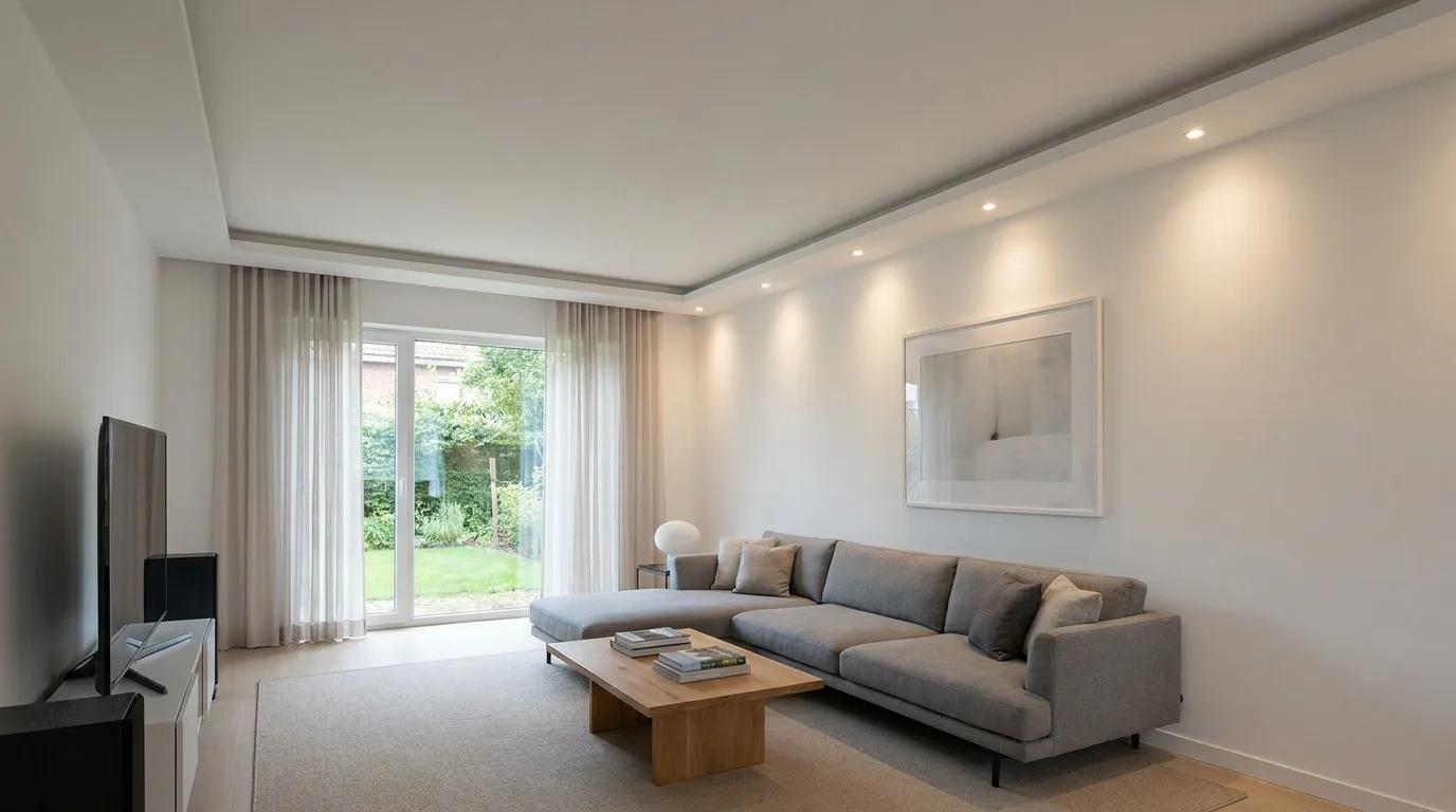 Contemporary living room with a simple geometric POP ceiling feature