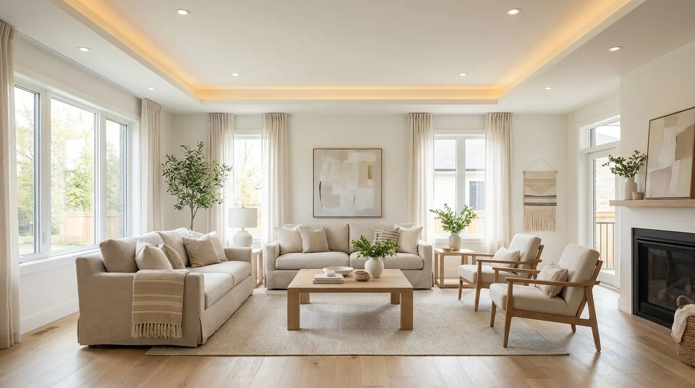 Minimalist living room with a floating false ceiling and concealed LED glow