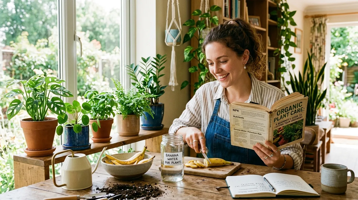 Gardener checking plant health while preparing banana water