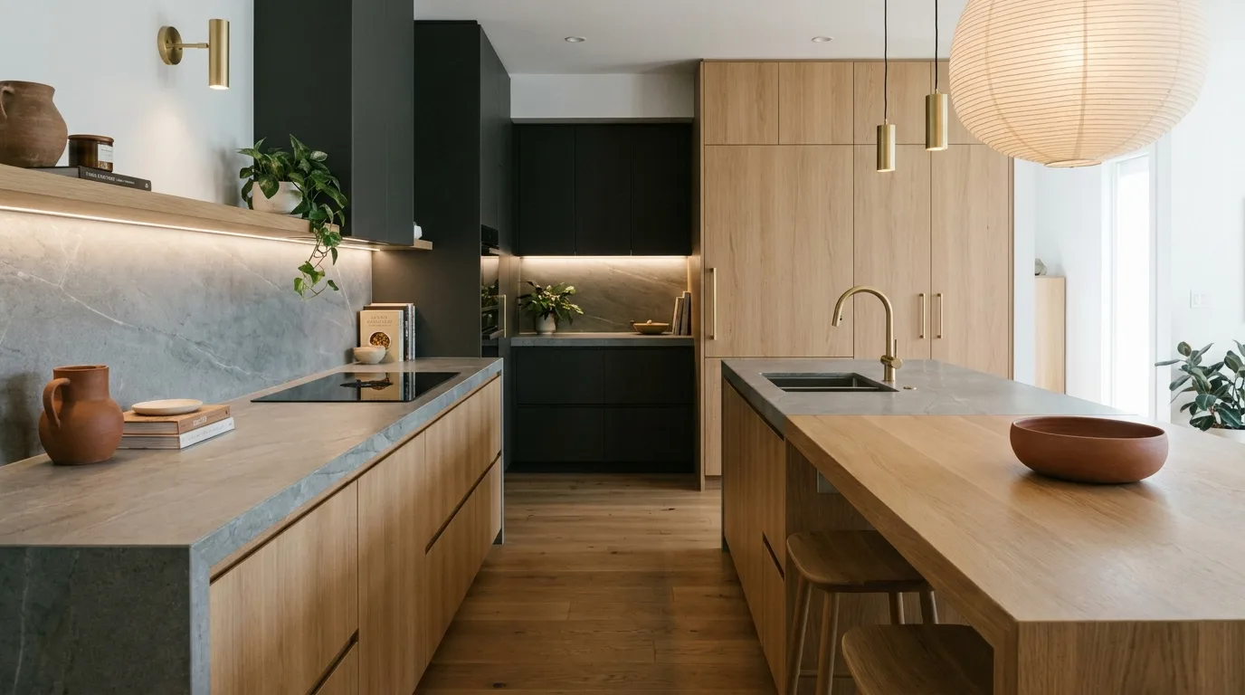 Modern kitchen featuring a sophisticated gray quartz slab