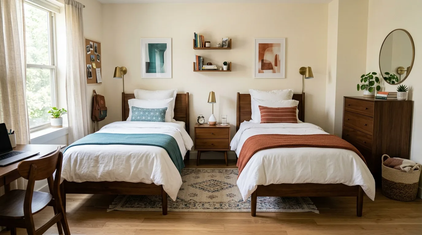 Compact bedroom with two twin beds featuring useful built-in storage drawers