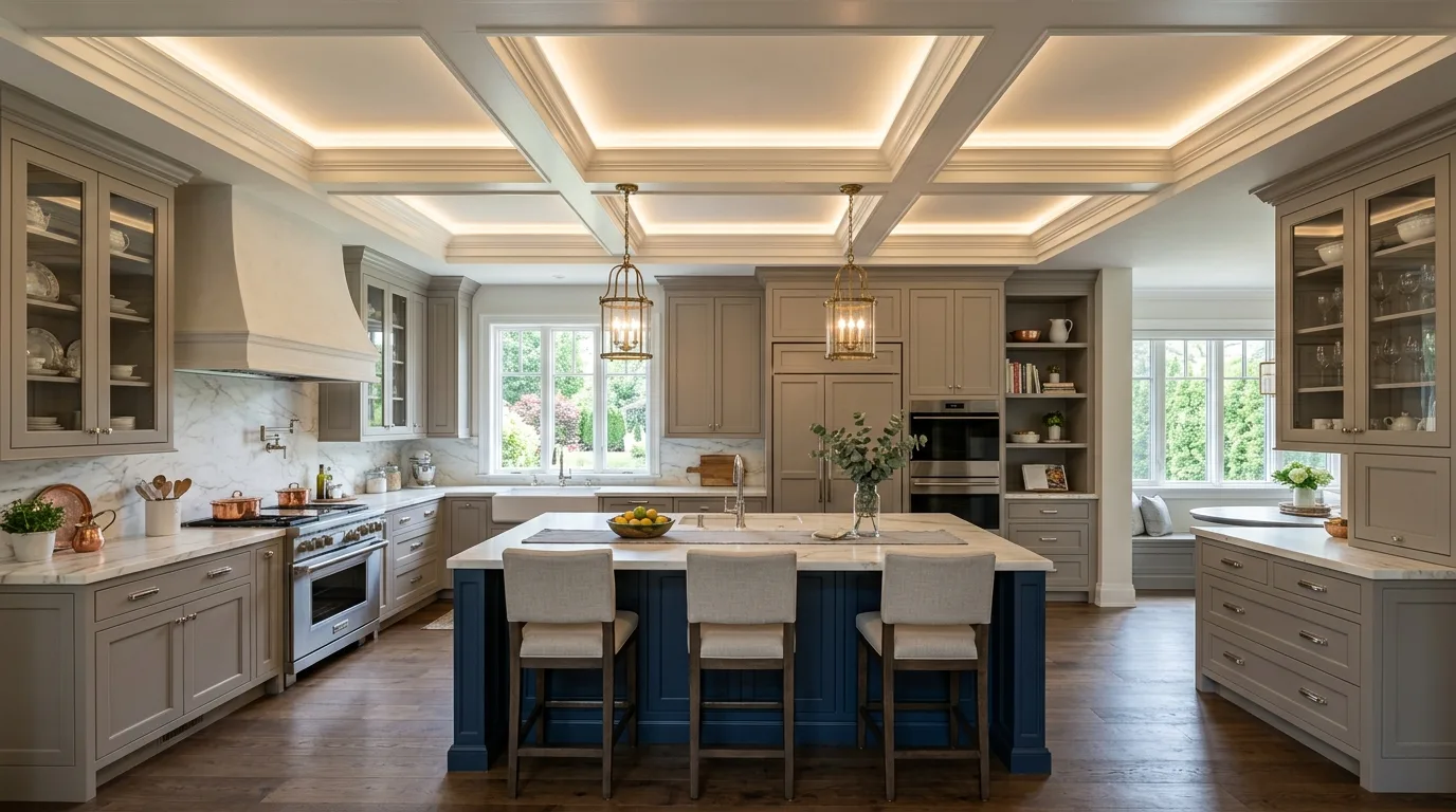 Elegant kitchen with a tray ceiling and recessed lighting