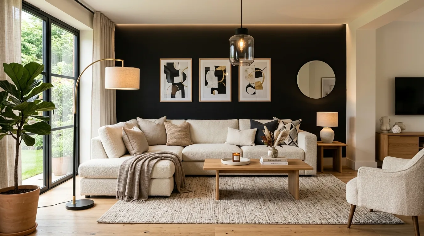Home office with black accent wall behind the desk