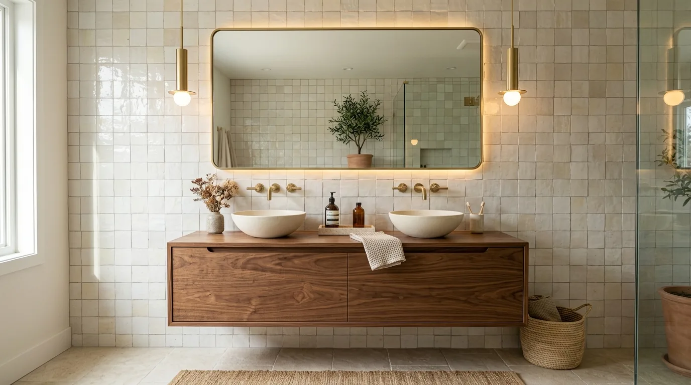 Powder room with emerald zellige tile accent wall and elegant vanity