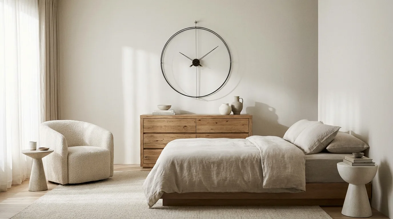 Bohemian bedroom wall decorated with woven baskets