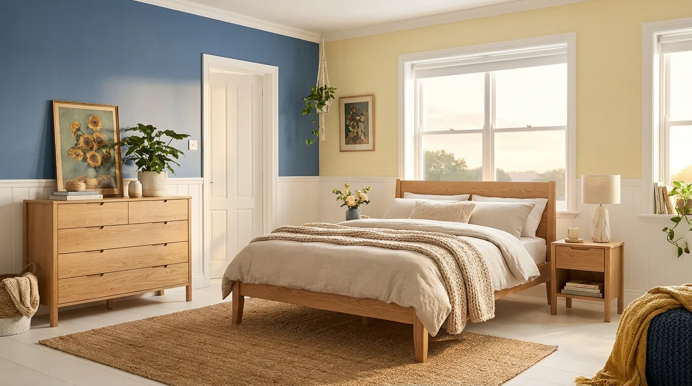 Teal blue and warm white bedroom walls with natural textures