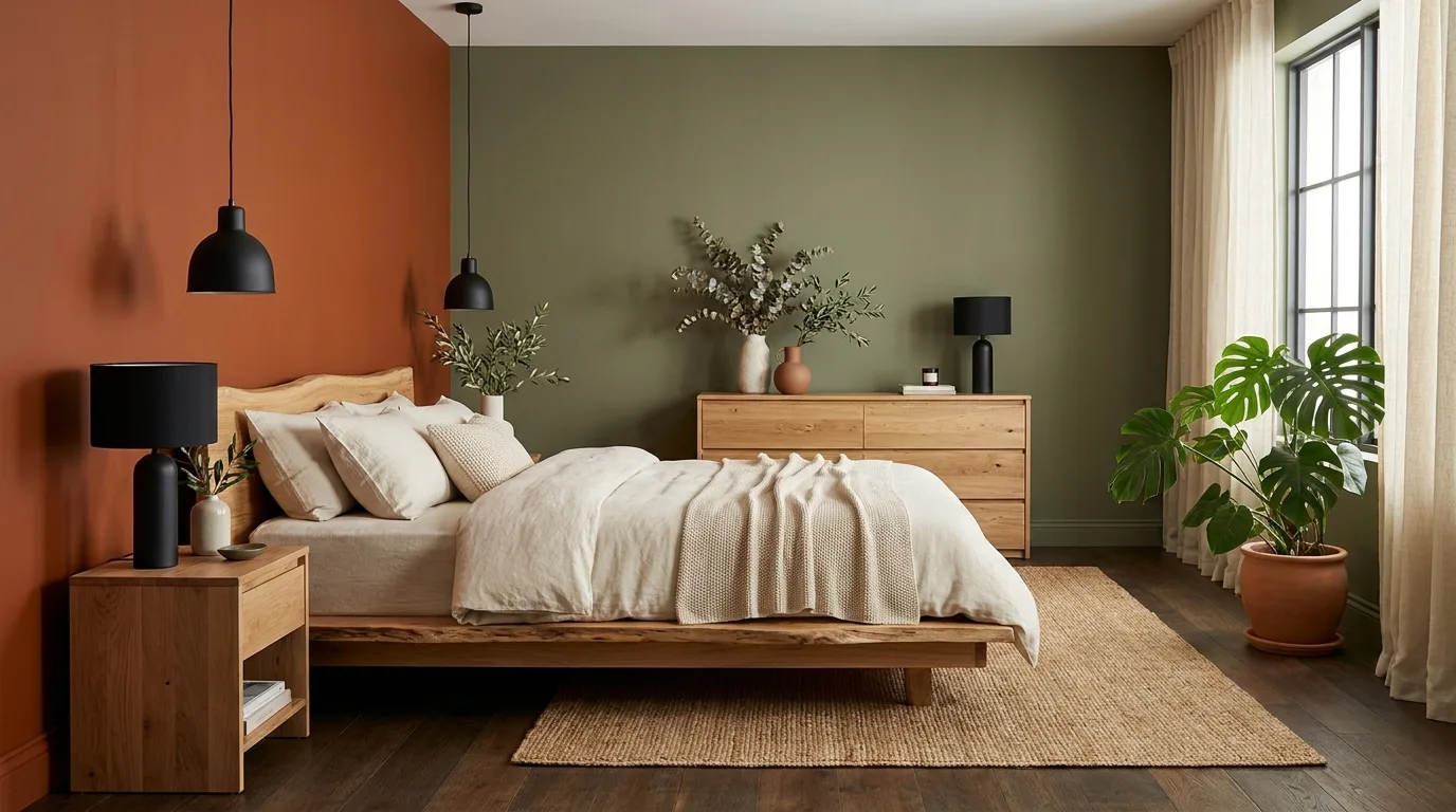 Orange and sage green bedroom with plants and natural wood