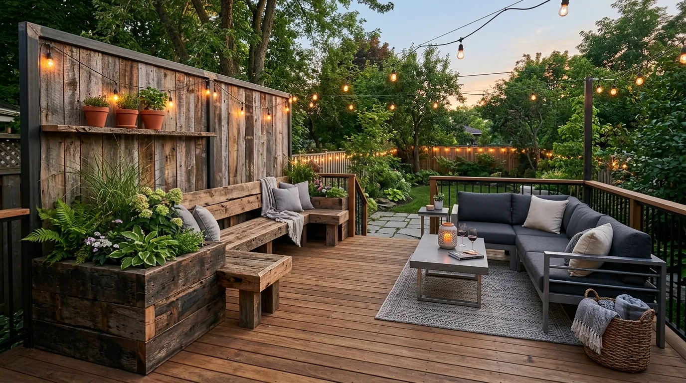 Backyard deck with warm string lights for evening ambiance