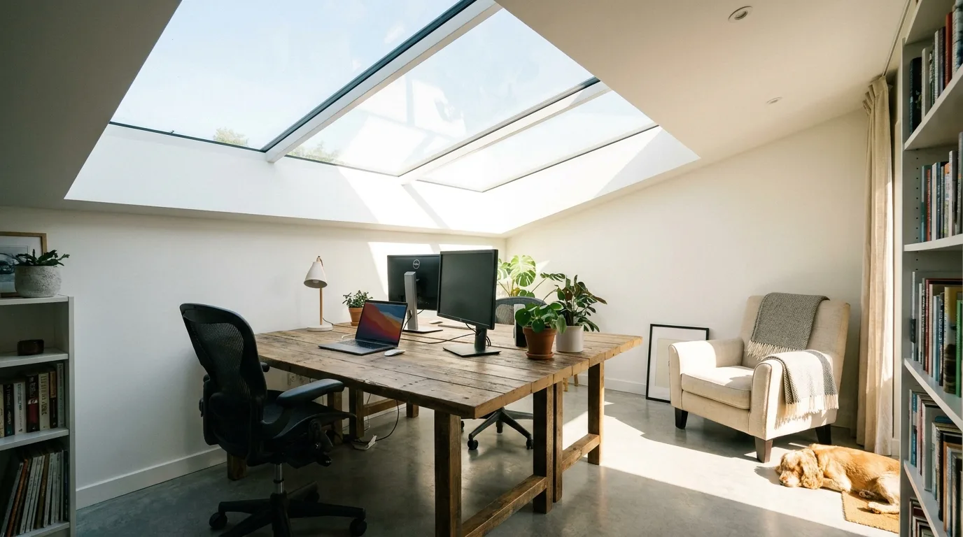 Kitchen skylight working alongside a range hood for ventilation