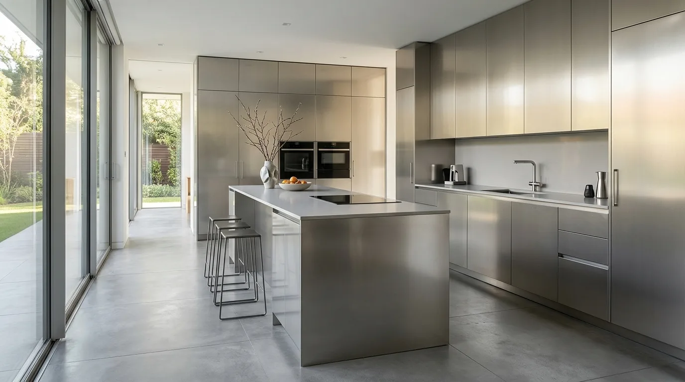 Aluminium kitchen cabinets with illuminated glass-front doors