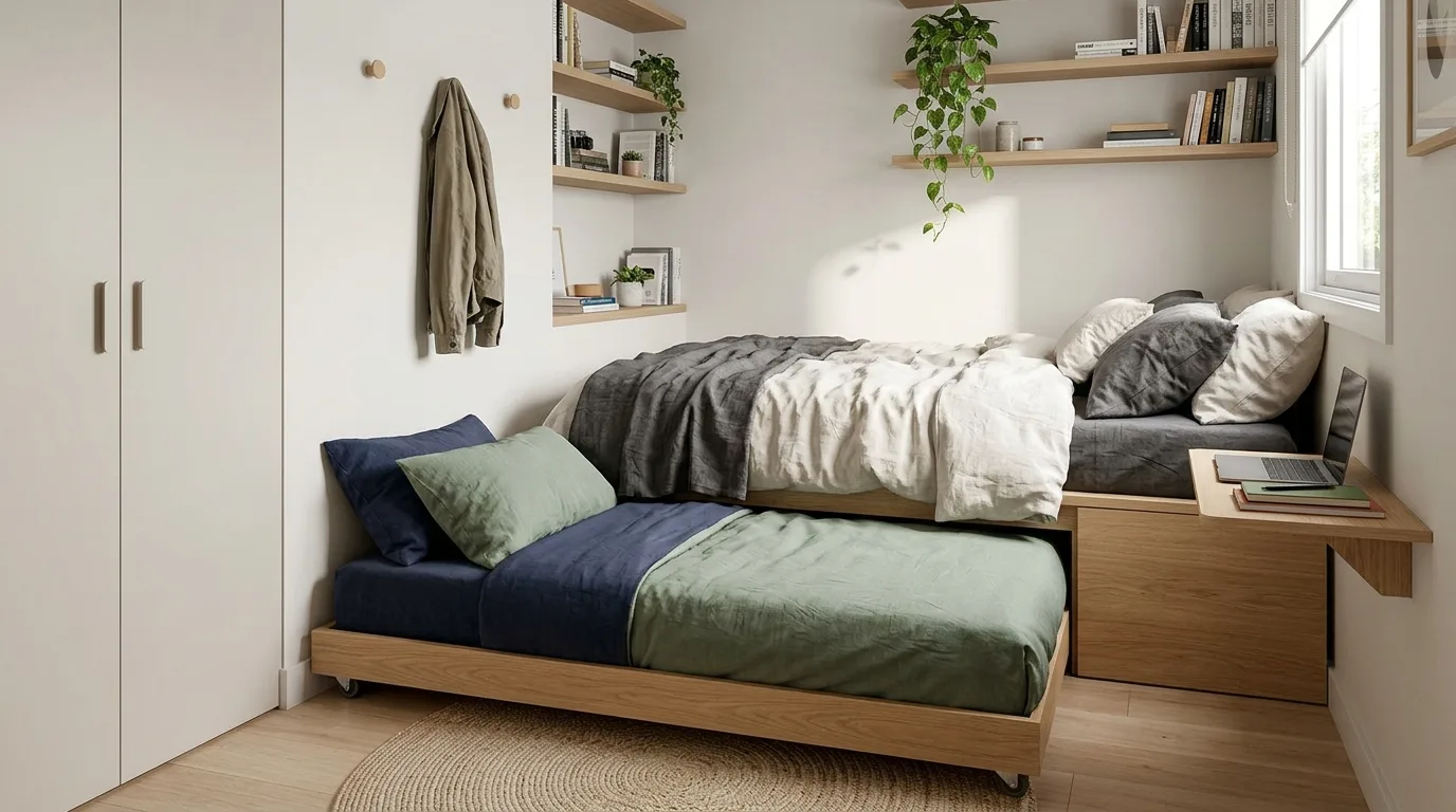 Narrow bedroom with two twin beds along one wall and open walkway