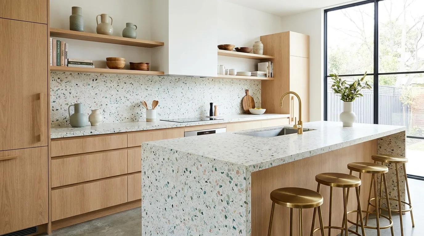 Contemporary island with a dramatic waterfall countertop