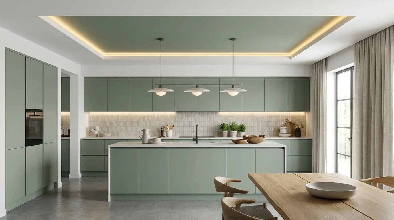 Spacious modern kitchen with a two-level false ceiling