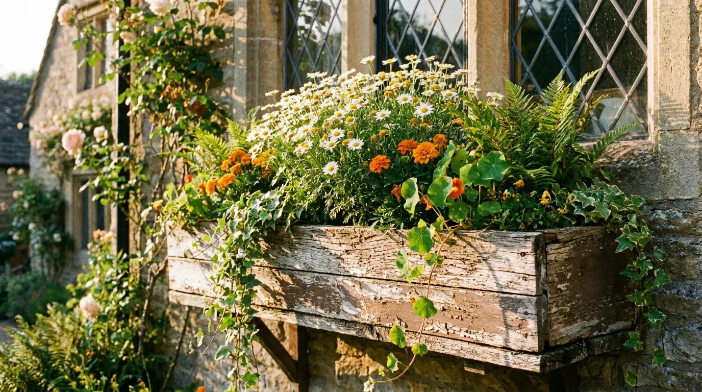 Modern black window box with elegant contrasting flowers