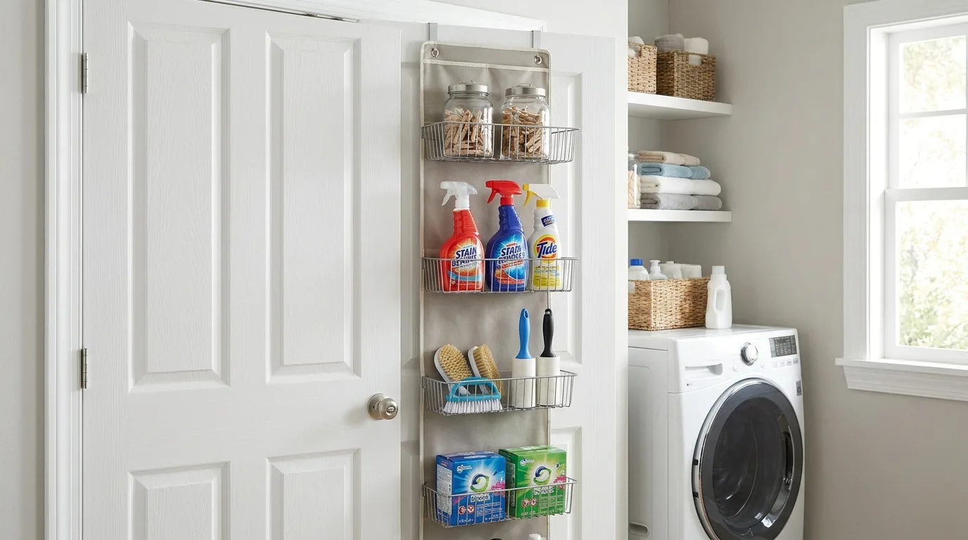 Matching labeled baskets on laundry room shelves