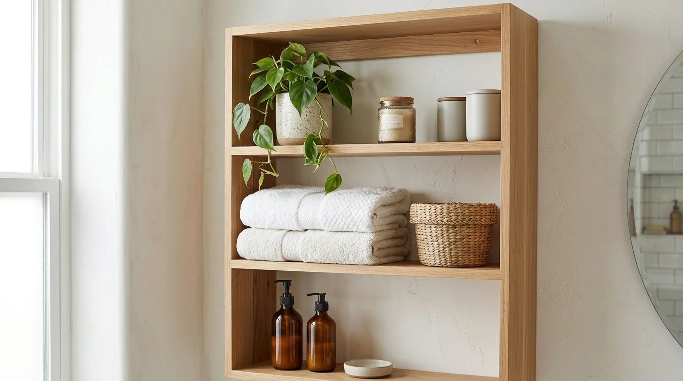 Small green plant styled with towels and accessories on a bathroom shelf