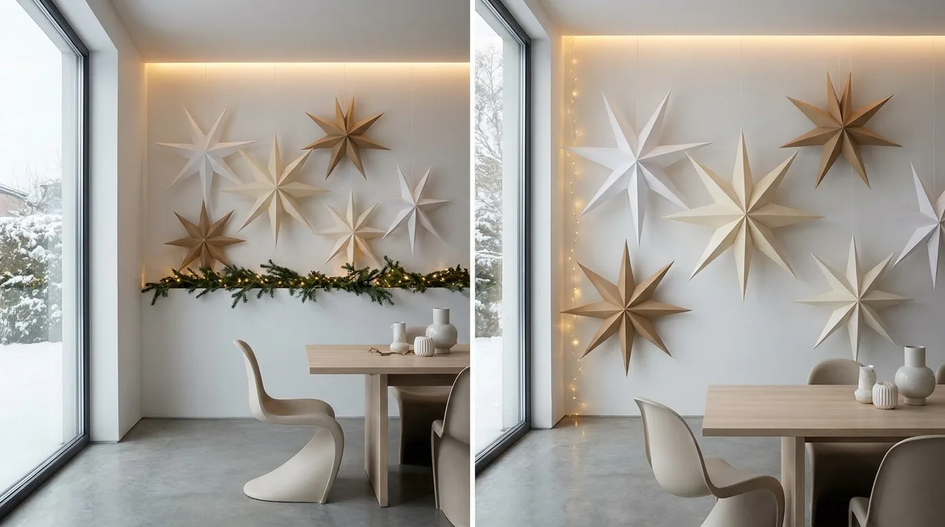 Cozy modern Christmas room with layered warm lights, candles, lamps, and subtle greenery
