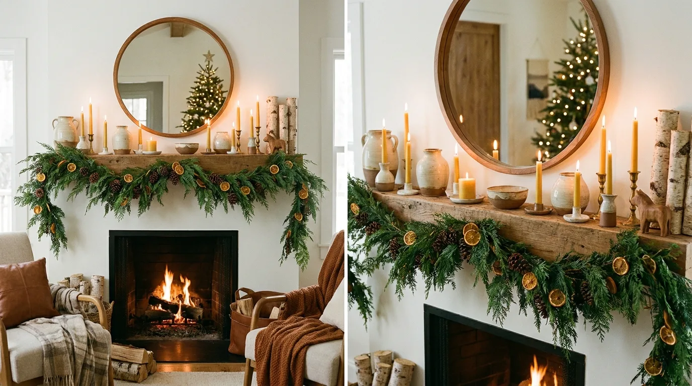 Cozy winter fireplace mantel with greenery and candles