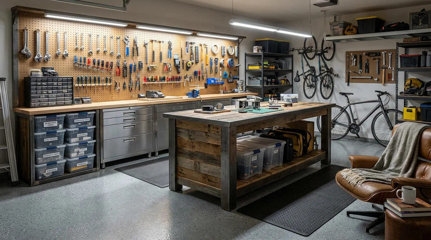 Organized garage workshop with workbench, pegboard tools, storage, and lounge seating