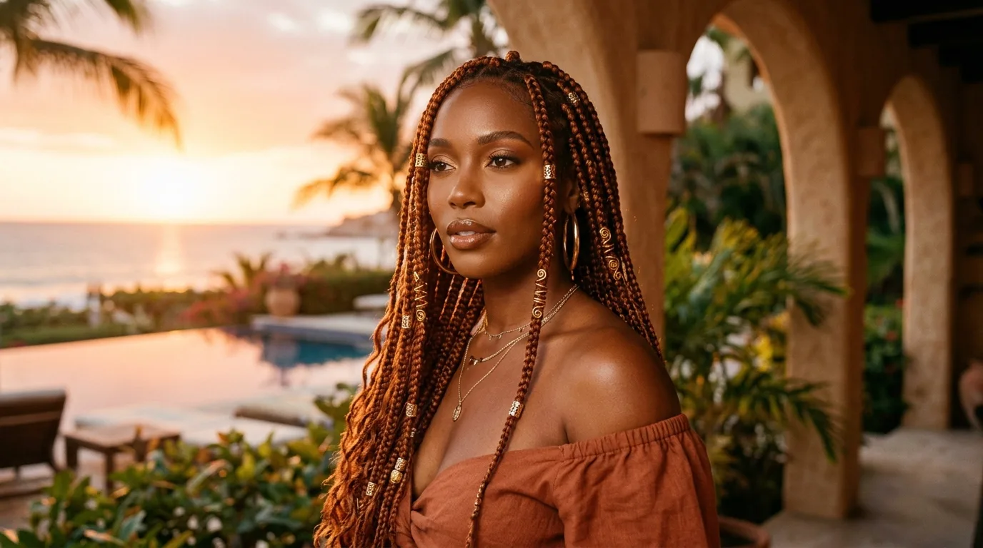 Medium box braids decorated with summer beads