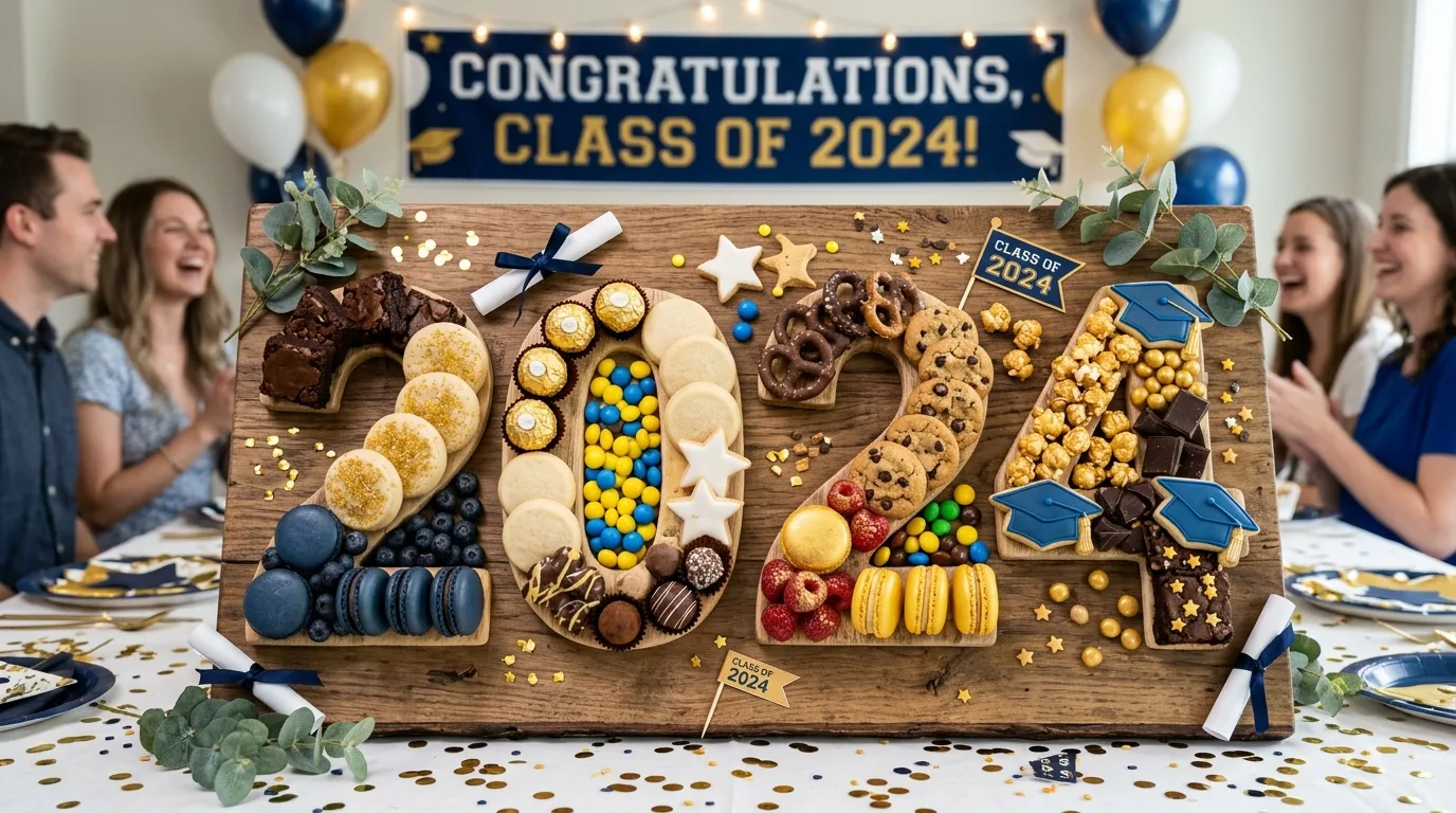 Dessert graduation charcuterie board with brownies, cookies, macarons, candy, strawberries, and chocolate treats