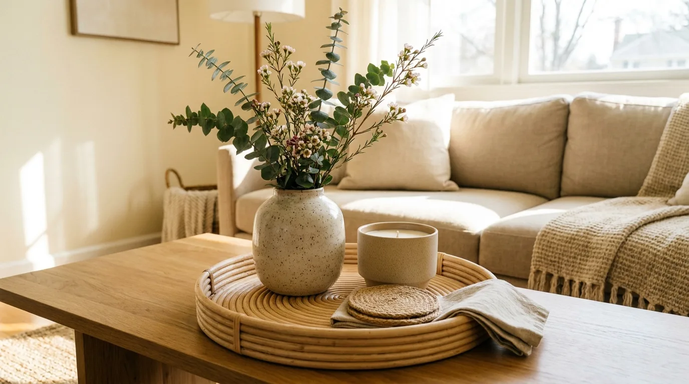 Cottage spring tray with wildflowers, lavender, greenery, and a vintage pitcher
