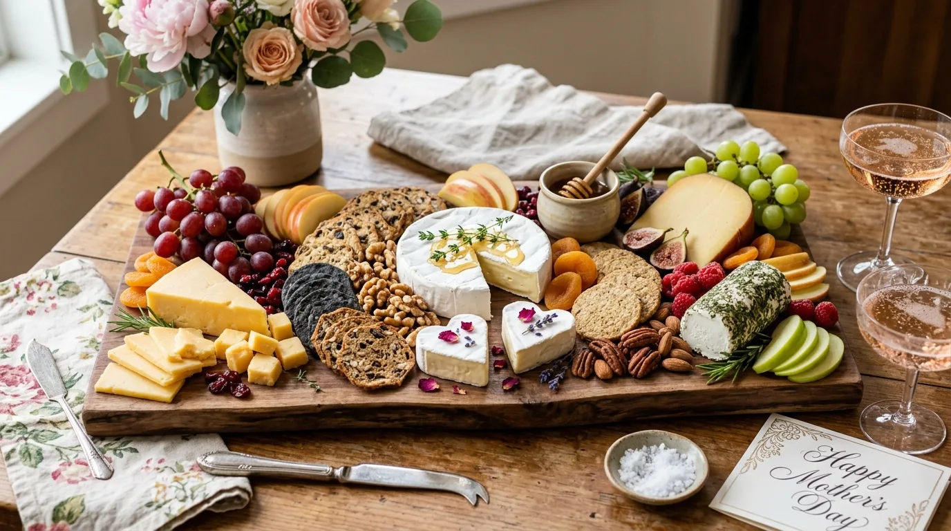 Fresh fruit charcuterie board with colorful berries and heart-shaped melon